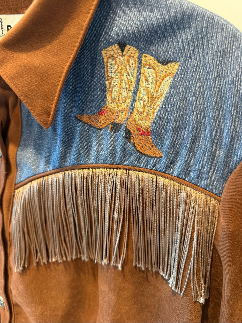 Brown Suede Western Fringe Jacket with Denim Yoke - Picture 6 of 14